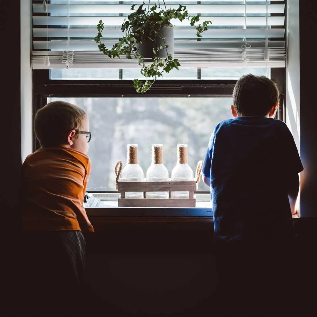 Two little boys looking out of a school window